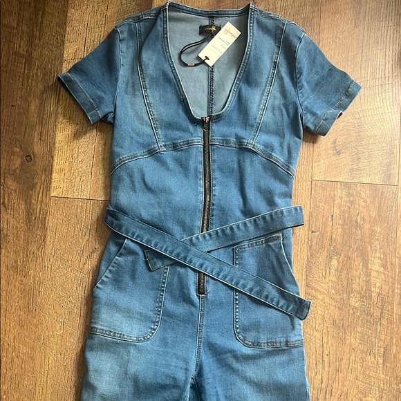 on twelfth Pants - Blue Denim Overalls with Short Sleeves and Front Zipper